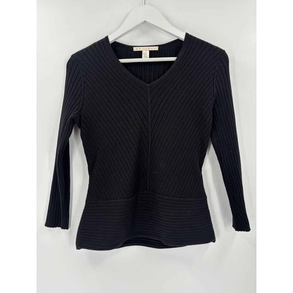 Belford Knit Blouse Womens Medium Black Ribbed V Neck 3/4 Sleeves Pullover Top